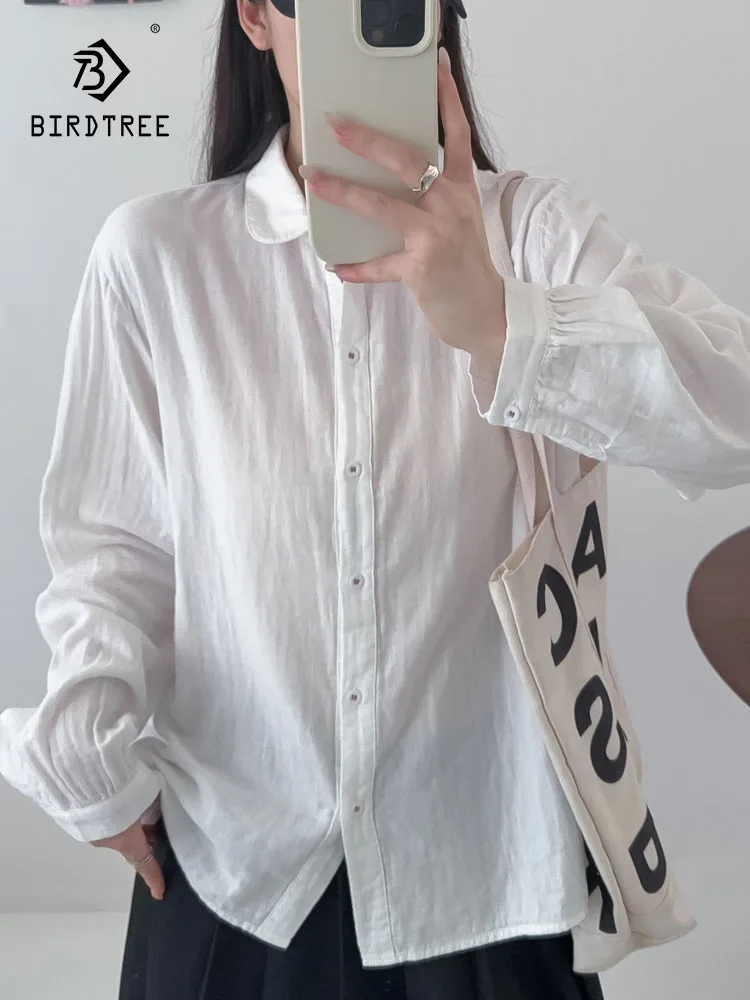 

New 2025 Fall Cotton Yarn Long Sleeve Shirt, Women Lapel Back Letter Embroidery, Mori Girl Casual Commute Loose Blouse T5O453CC