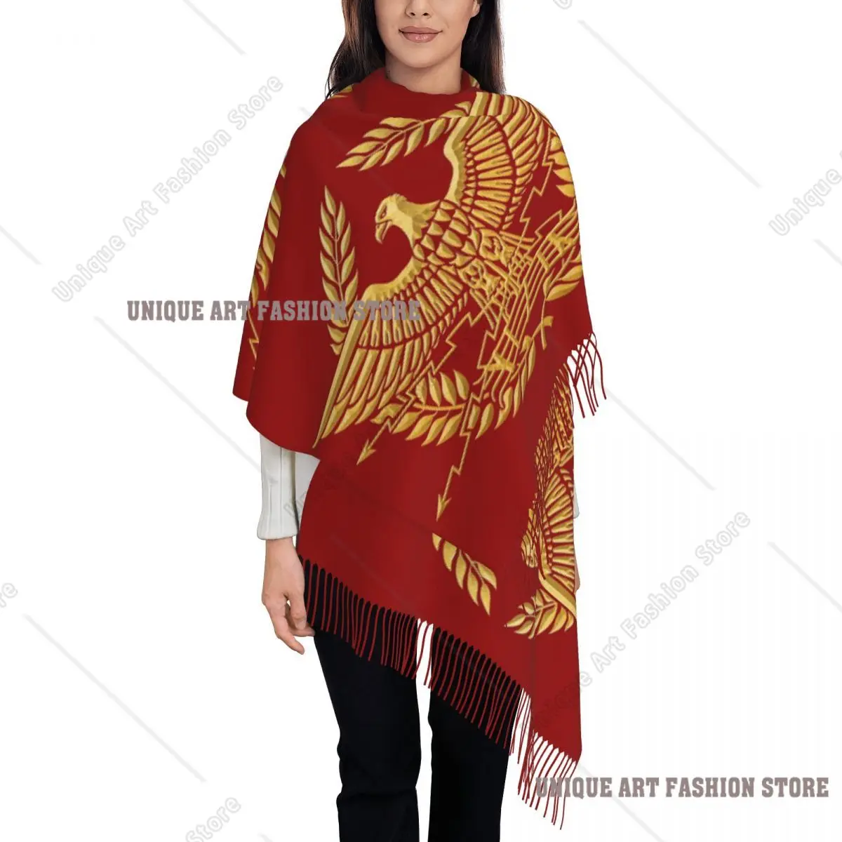 Gold Roman Aquila Eagle Scarf Tassel Scarves for Women Soft Warm Shawls and Wraps Large Fall Winter Shawl Wrap