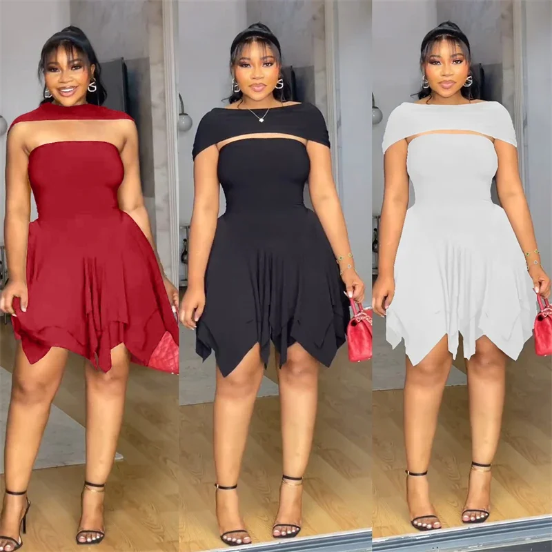 솔리드 우아한 컷 아웃 Strapless 파티 드레스 여성을위한 나이트 클럽 a 라인 불규칙한 하이 웨이스트 지퍼 백리스 댄스 파티 생일 드레스