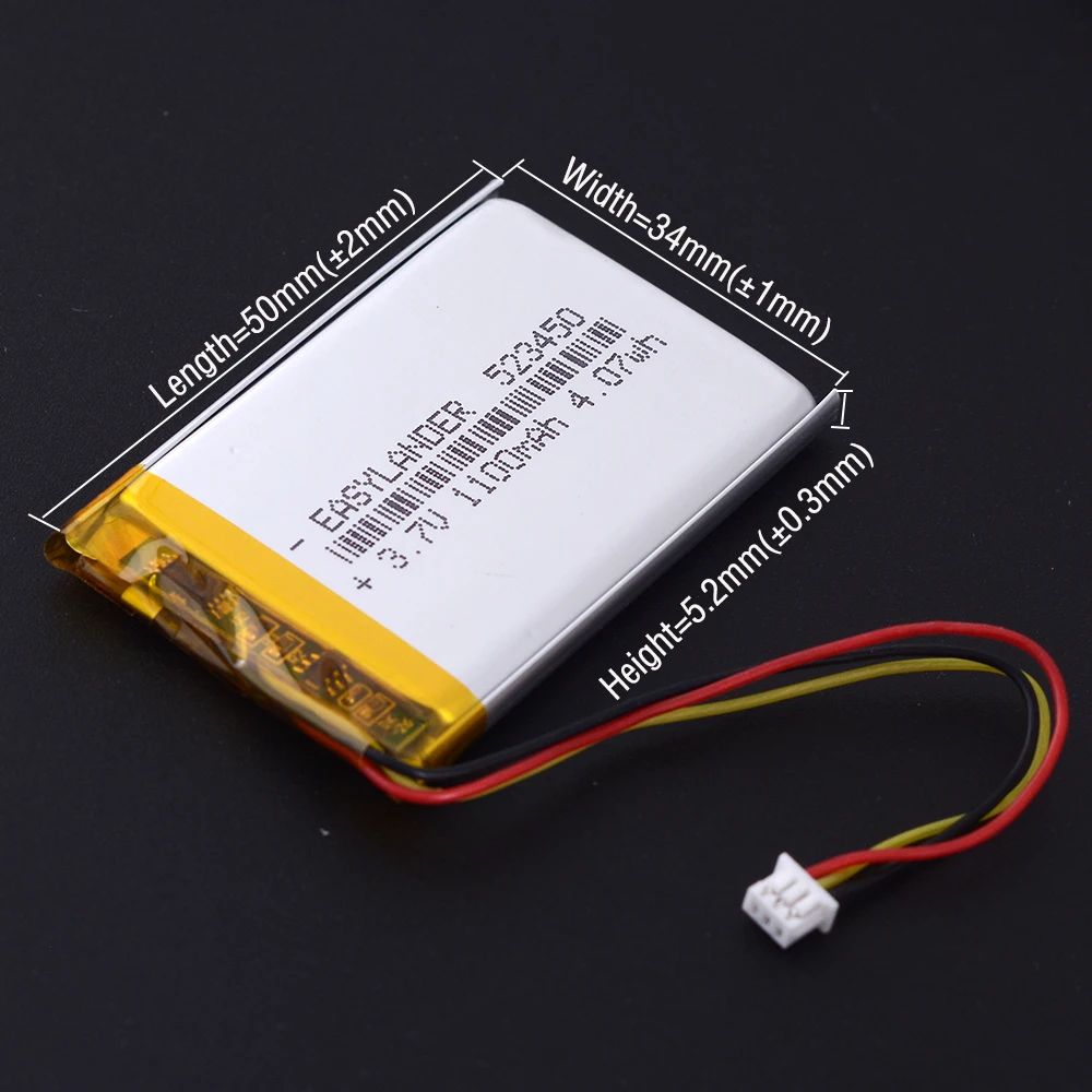 3.7V 1100mAh 523450 JST MX1.25mm 3Pin NTC Thermistor Rechargeable Polymer Lipo Li Battery For GPS Bluetooth Speaker DashCam