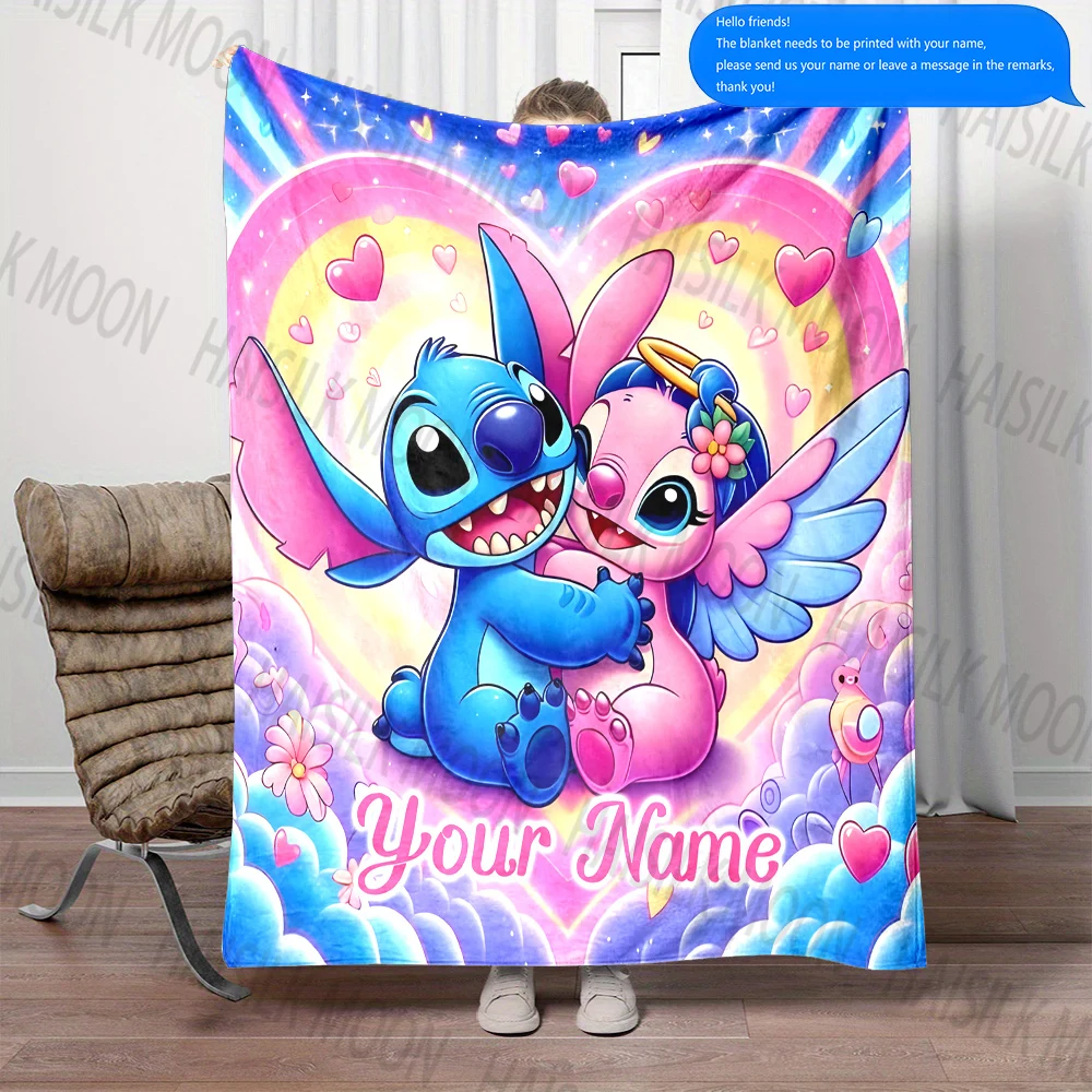 Custom Name Disney Stitch and Angel Printed Blanket, All-Season Multi-Use for Nap, Camping, Travel, Car ,sofa Machine Washable