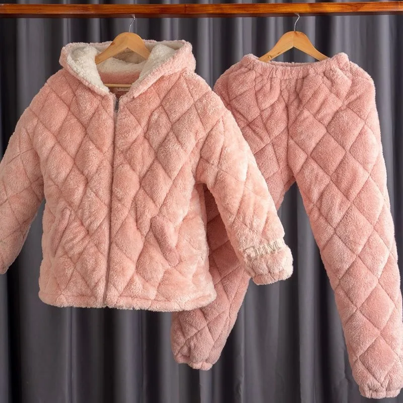 2024 New Youth Winter Three-layer Padded Girls Warm Pajamas Loungewear Women Thickened Fleece Coral Fleece Casual Sleepwear Set