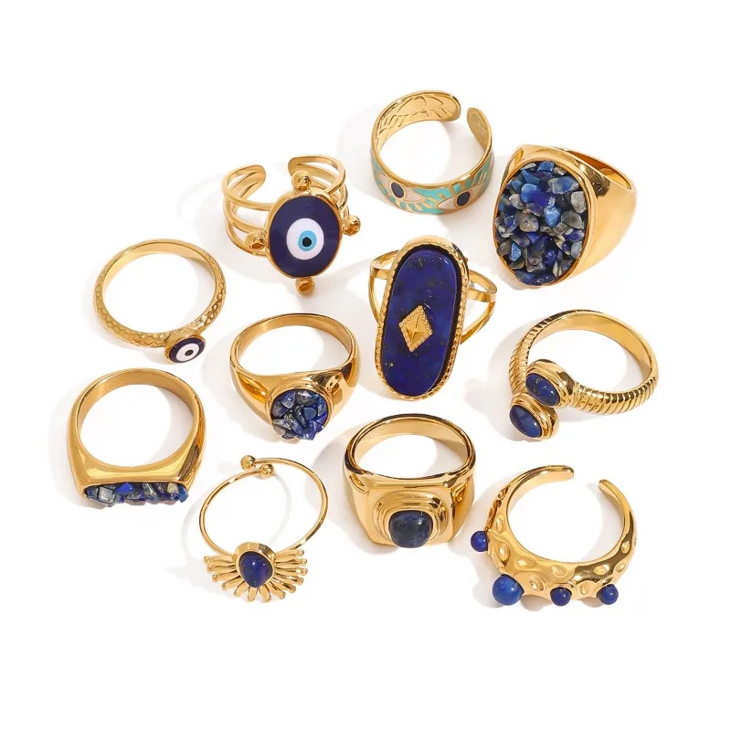 

Minar Retro Multiple Navy Blue Natural Stone Enamel Geometric Cocktail Rings for Women Tarnish Free 18K Gold Stainless Steel