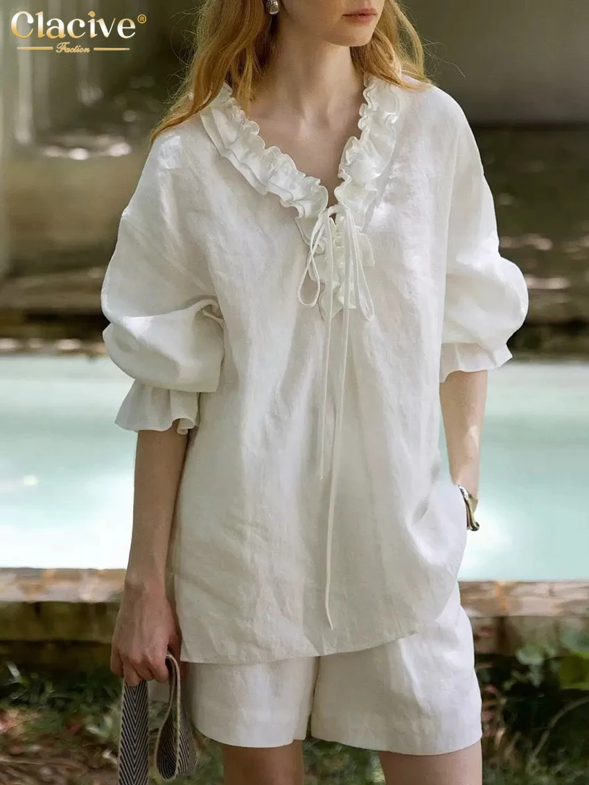 

Clacive Fashion Loose White Cotton Women's 2-Piece Sets 2026 Casual Long Sleeve Shirt With High Waist Shorts Set Female Clothing