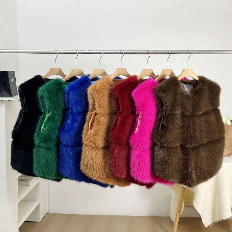 White O-neck Short Stripe Faux Fur Vest Slim Women‘s Furry Jacket Fluffy Warm Faux Mink Plush Coats Elegant Outerwear Sleeveless