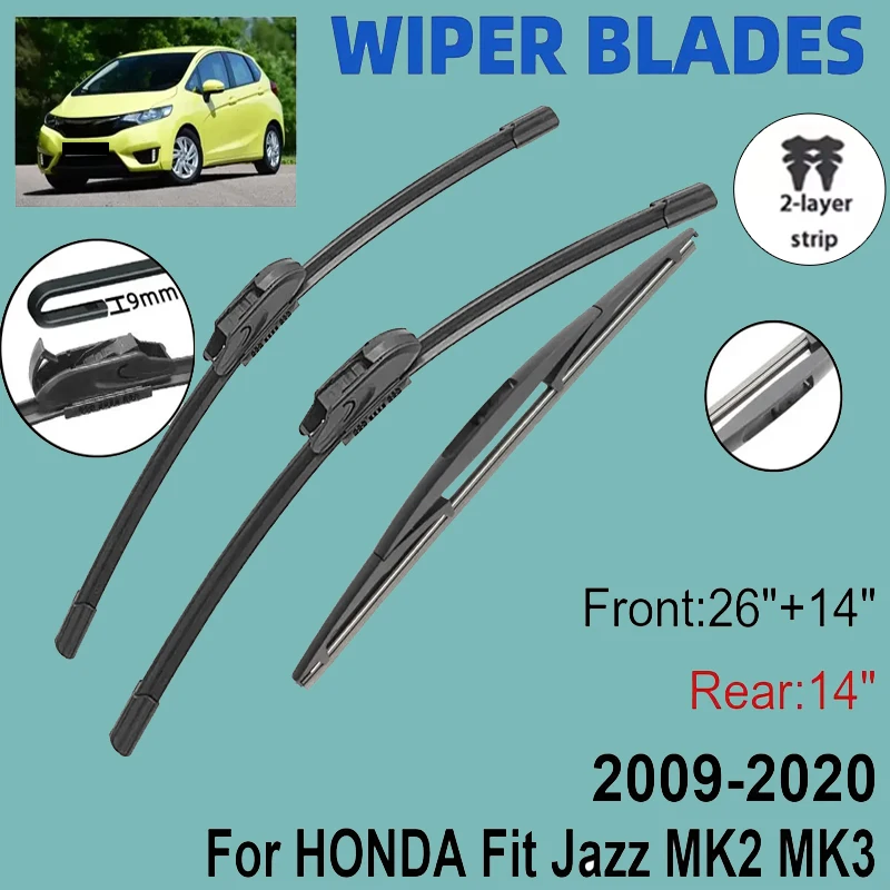 

3PCS Front Rear Wiper Blades 26"+14"+14", Windshield Windscreen Replacement Accessories For HONDA Fit Jazz MK2 MK3 2009-2020