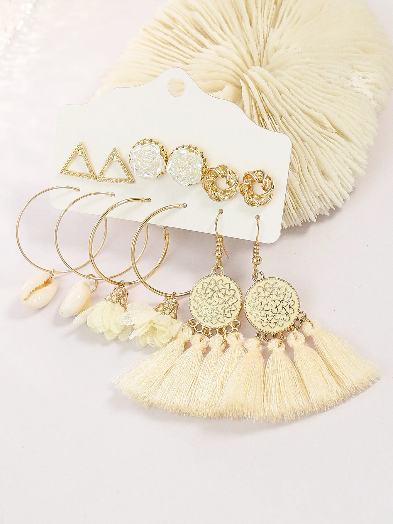 Trendy Versatile Golden Circle Fashionable White Tassel Shell Earrings&Earstuds Combination For Women to Wear Little Fresh