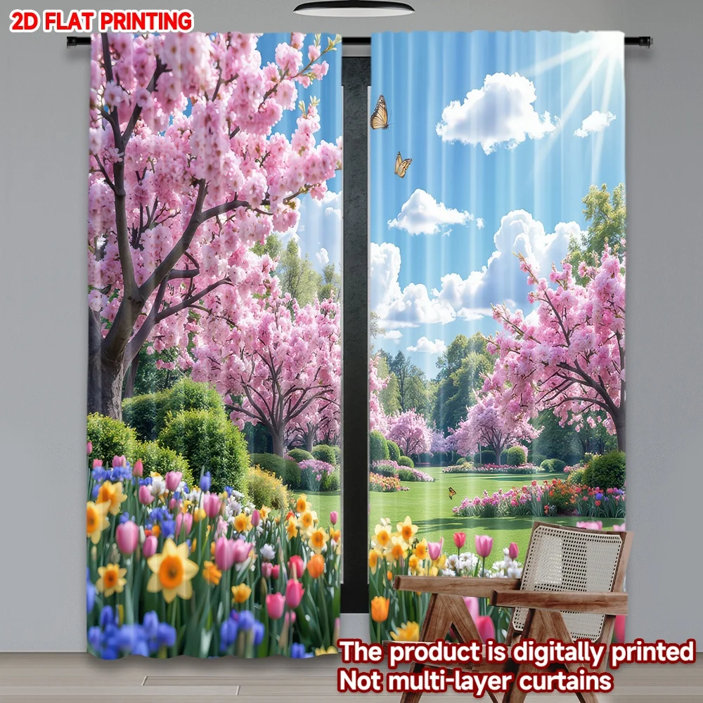 

2D flat printing 2pcs Drapes Spring Cherry Blossom Garden Digital Printed Polyester Drapes Birthday Party Perfect for Holiday