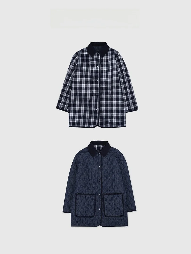 

Double-Sided Wear Retro Denim Quilted Cotton Jaet BFF3 Straight Cut Long Sve Button Closure Plaid Pattern Commute S...