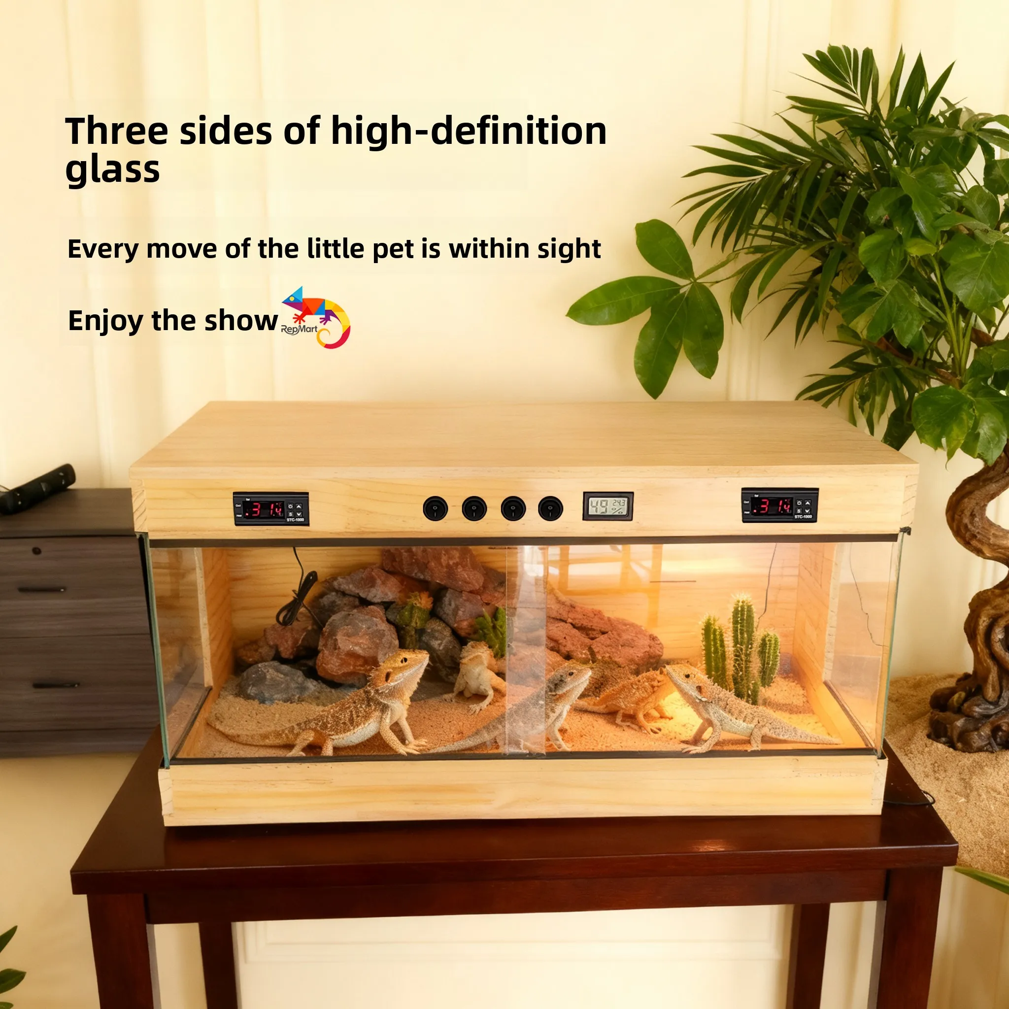 Panoramic Solid Wood Reptile Terrarium Constant Temperature Habitat for Geckos Turtles Snakes Heating Insulated Enclosure view 2