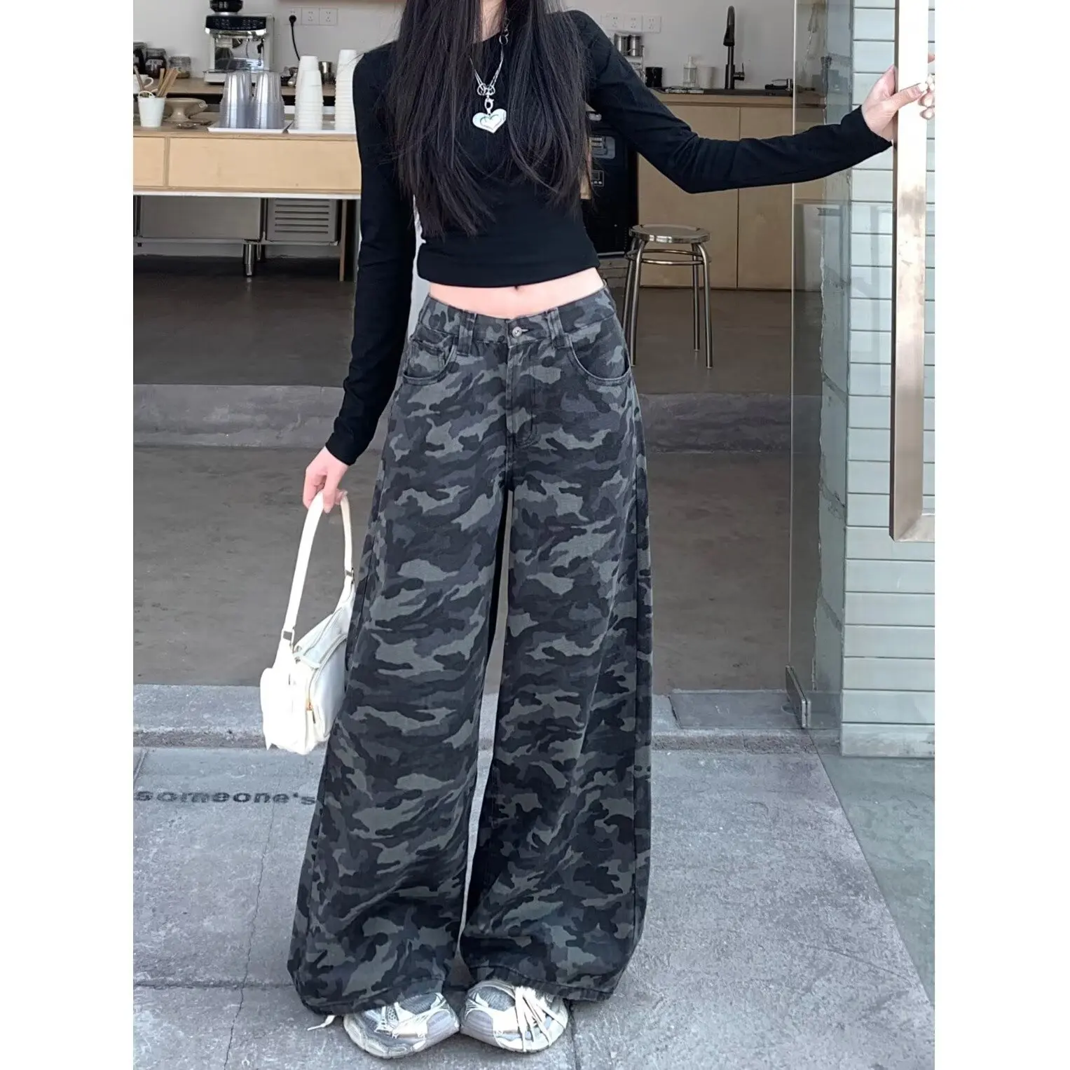 Jean camouflage à jambes larges pour hommes et femmes, nouveau style 2025 pour le printemps et l'automne, taille haute, coupe ample, amincissant, Vin américain