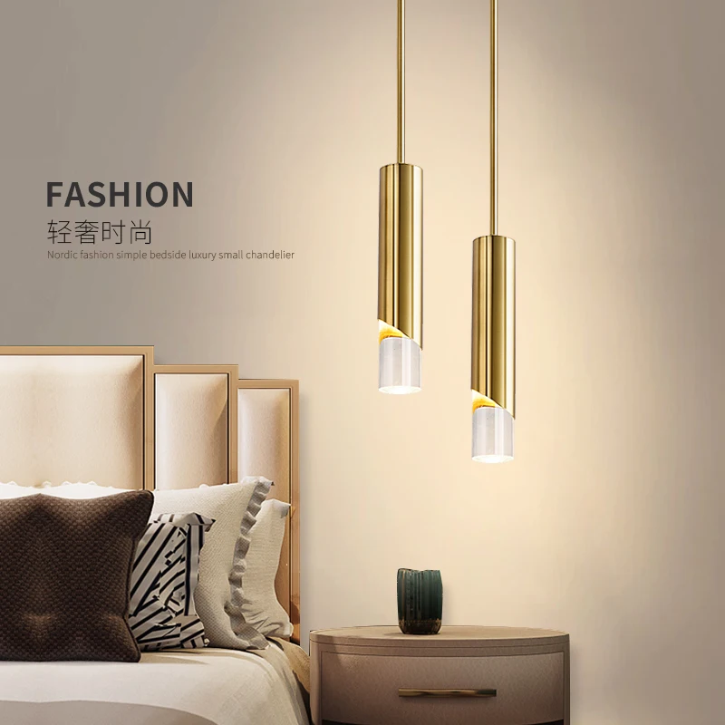 

Bedroom bedside chandelier light luxury modern simple long line all copper Nordic Internet celebrity bar background wall