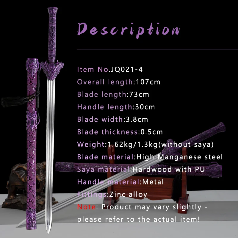 Fantasy Purple Dragon Chinese Sword,Real Manganese Steel,Handmade Movie Swords,Home Decor Use Training Props Sword Alloy Fitting