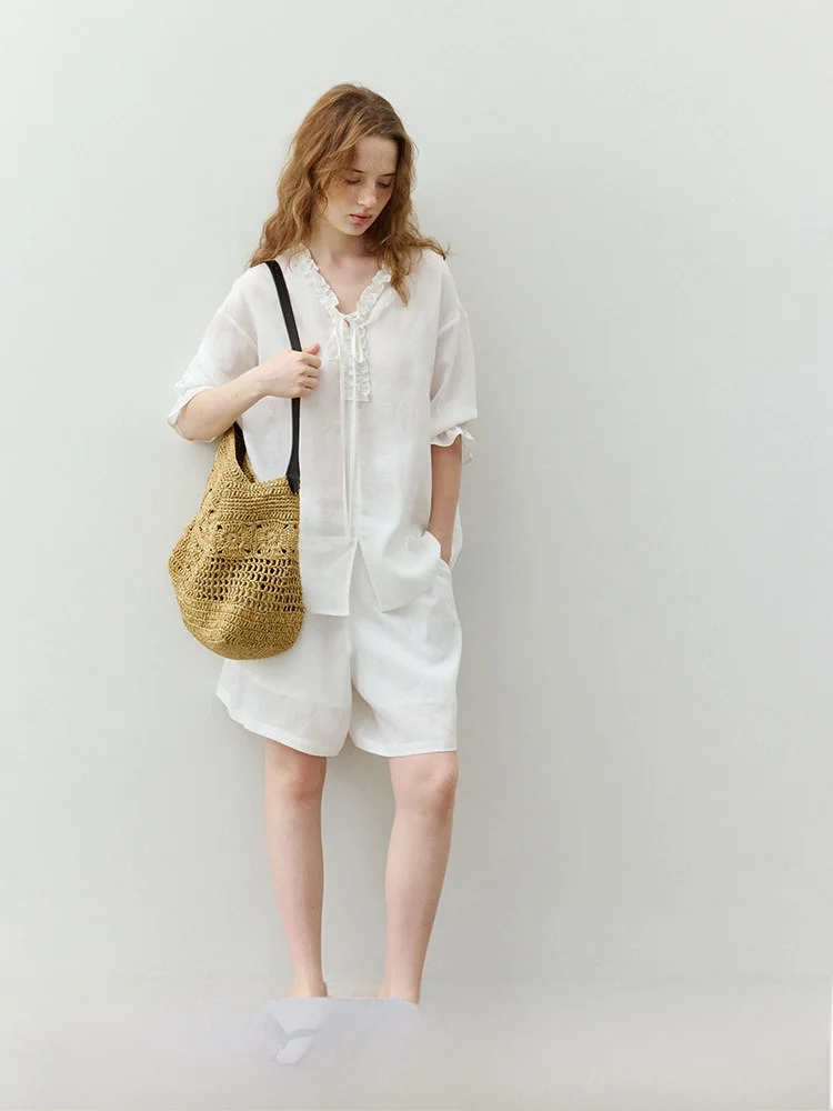 

Simple Lace Trim V-Neck Short Sleeve Shirt Women's Summer New Style Loose Fit Breathable Linen Blend Business Casual Top