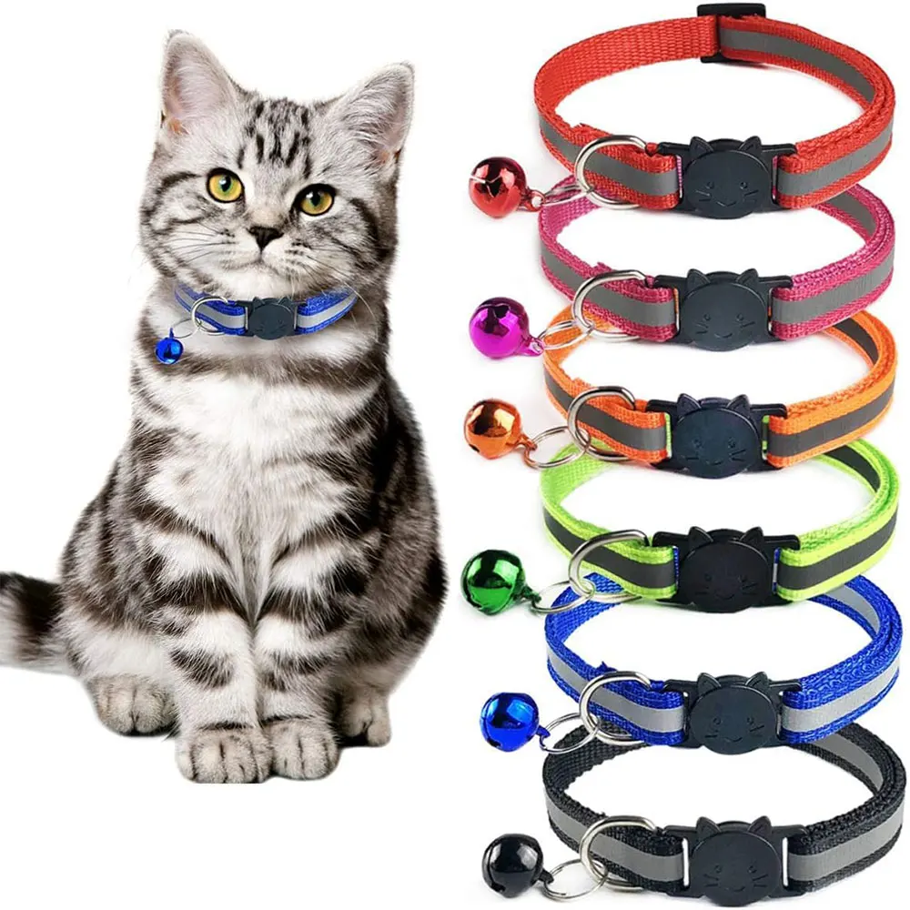 

5pcs Mixed Colors Reflective Cat Collar with Bell Solid & Safe Collars for Small Dogs,Nylon, Pet Collar, Breakaway Cat Charms
