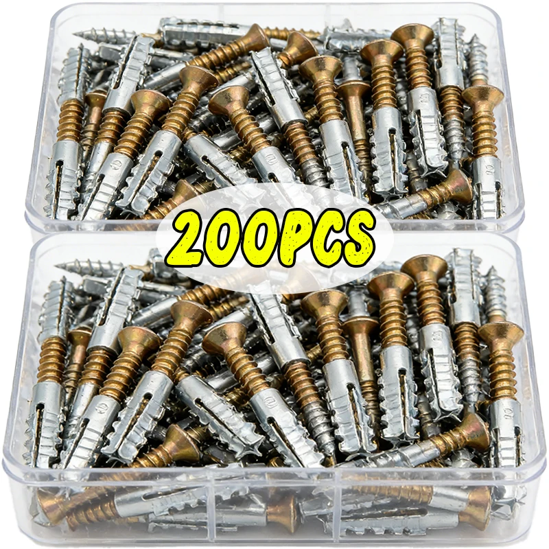 200/10Sets Metal Serrated Expansion Screws Self Tapping Screw Tube for Concrete Wall Anchors Fasteners Drilling Plug Bolt Kits