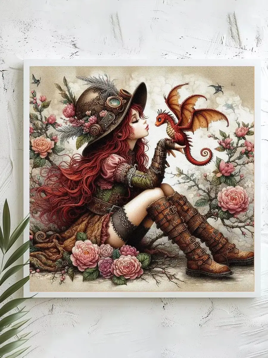 1 Stück 40x40 cm/15,74 Zoll, 11Ct/14Ct Kreuzstich-Set, DIY Valentinstagsgeschenk, Stickerei-Set für Festlichkeiten, Rote Haare Mädchen Drachen Steampunk – Detail 1