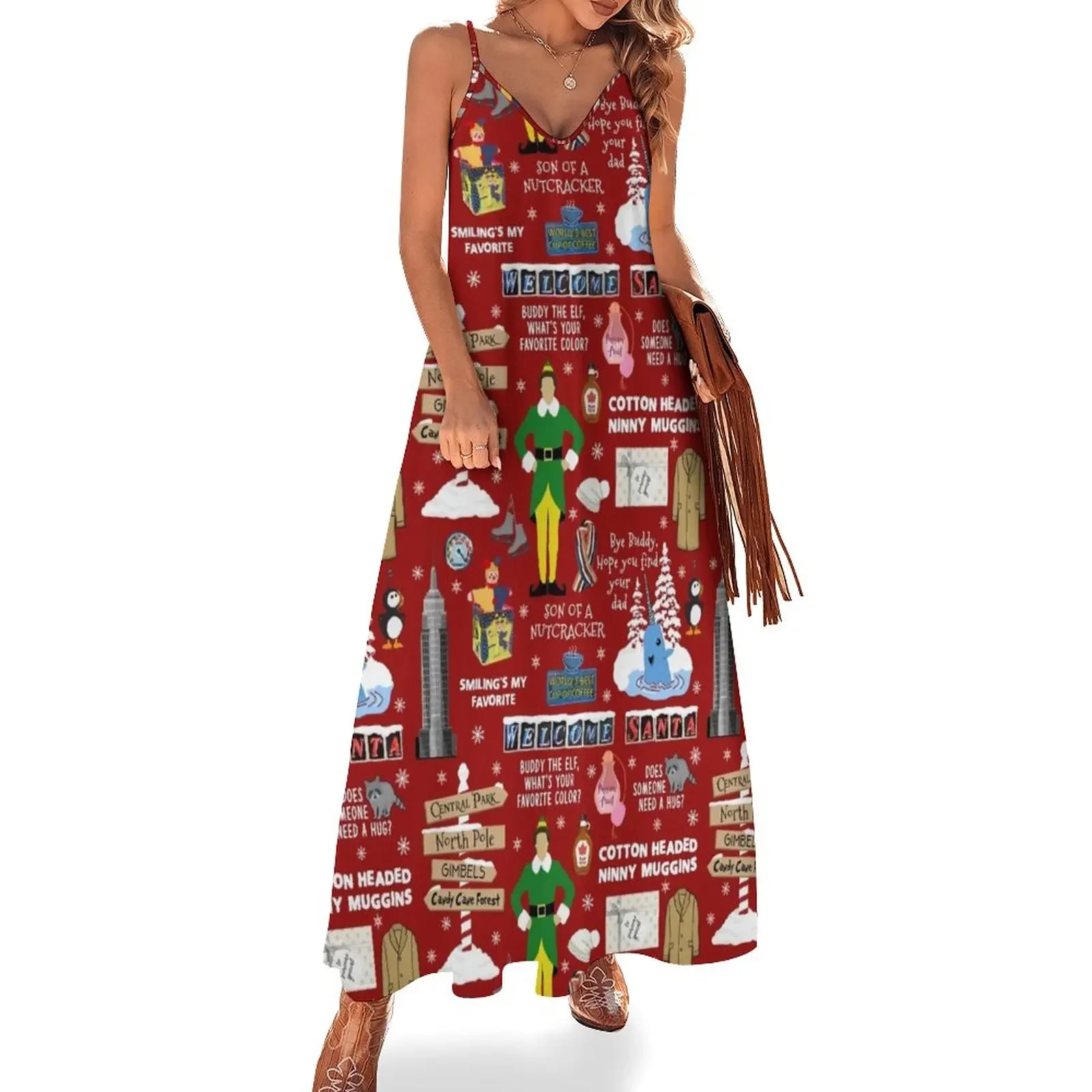 

Buddy the Elf collage, Red background Sleeveless Dress long sleeve dress Woman fashion