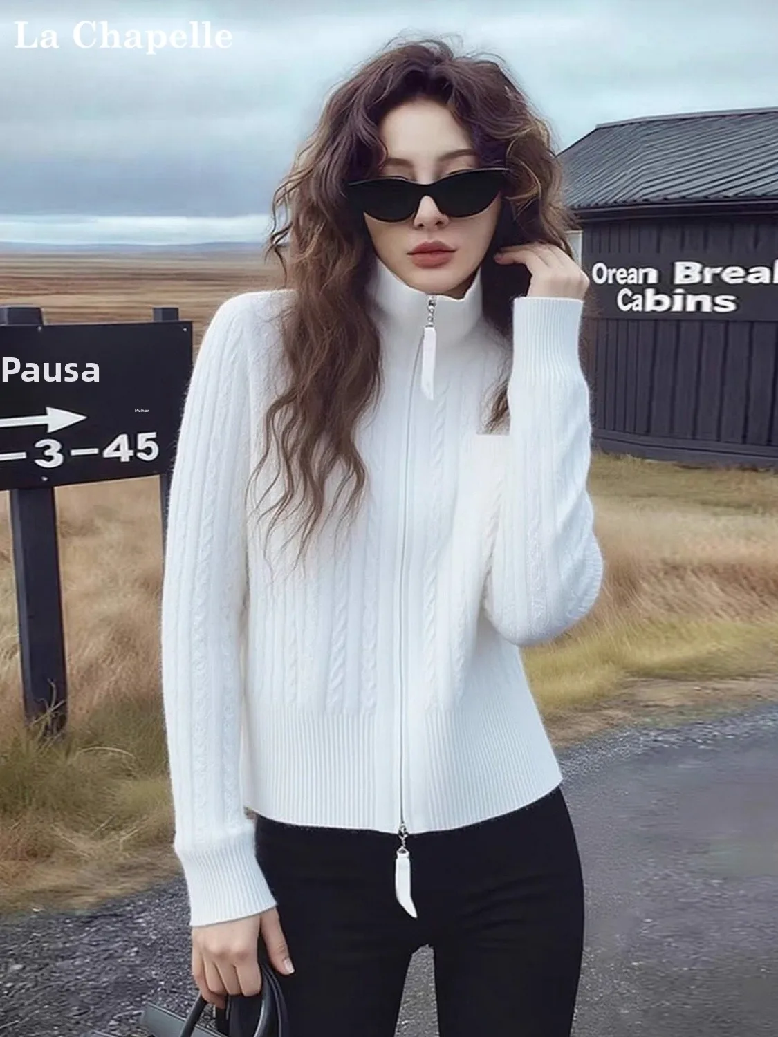 

La Chapelle White Knitted Zipper Collar Sweater Women's Loose Fit Long Sleeve Warm Thermal Spring Autumn Winter Outerwear