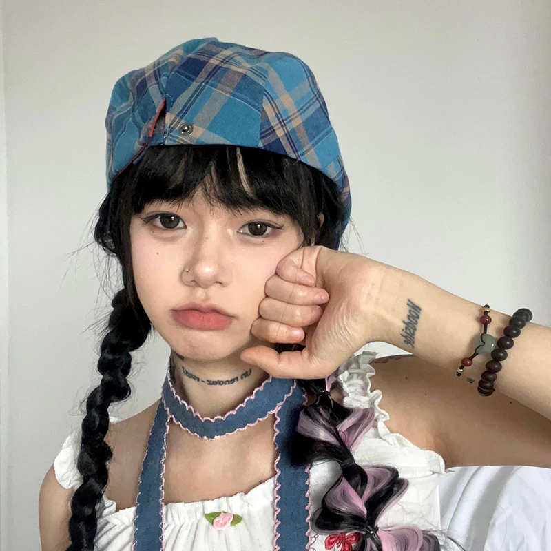 Original Bow Contrasting Color Plaid Newsboy Hats for Women Show Face Summer Thin Versatile Sunscreen Vintage Berets Cap Y2k