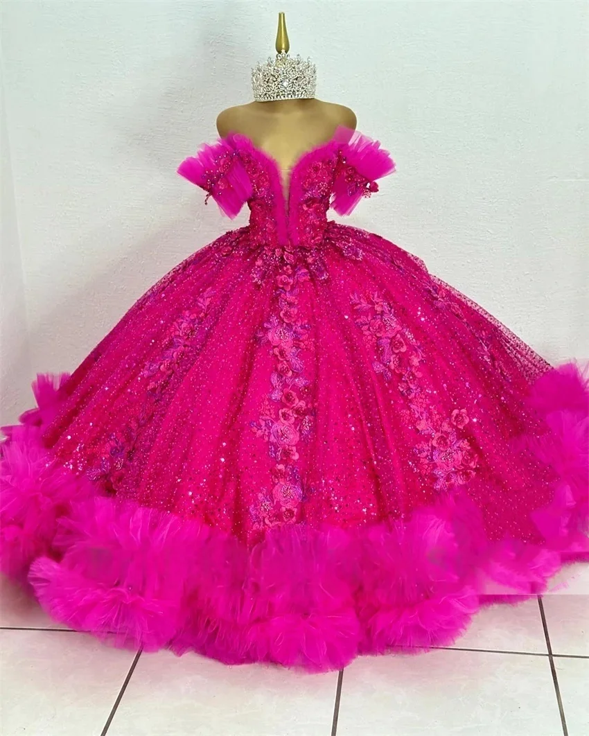 

Exquisite Hot Pink Flower Girls Dresses Floral Applique Pearls Sequins Ruffle Dress For Wedding Baby Birthday Gown Customized