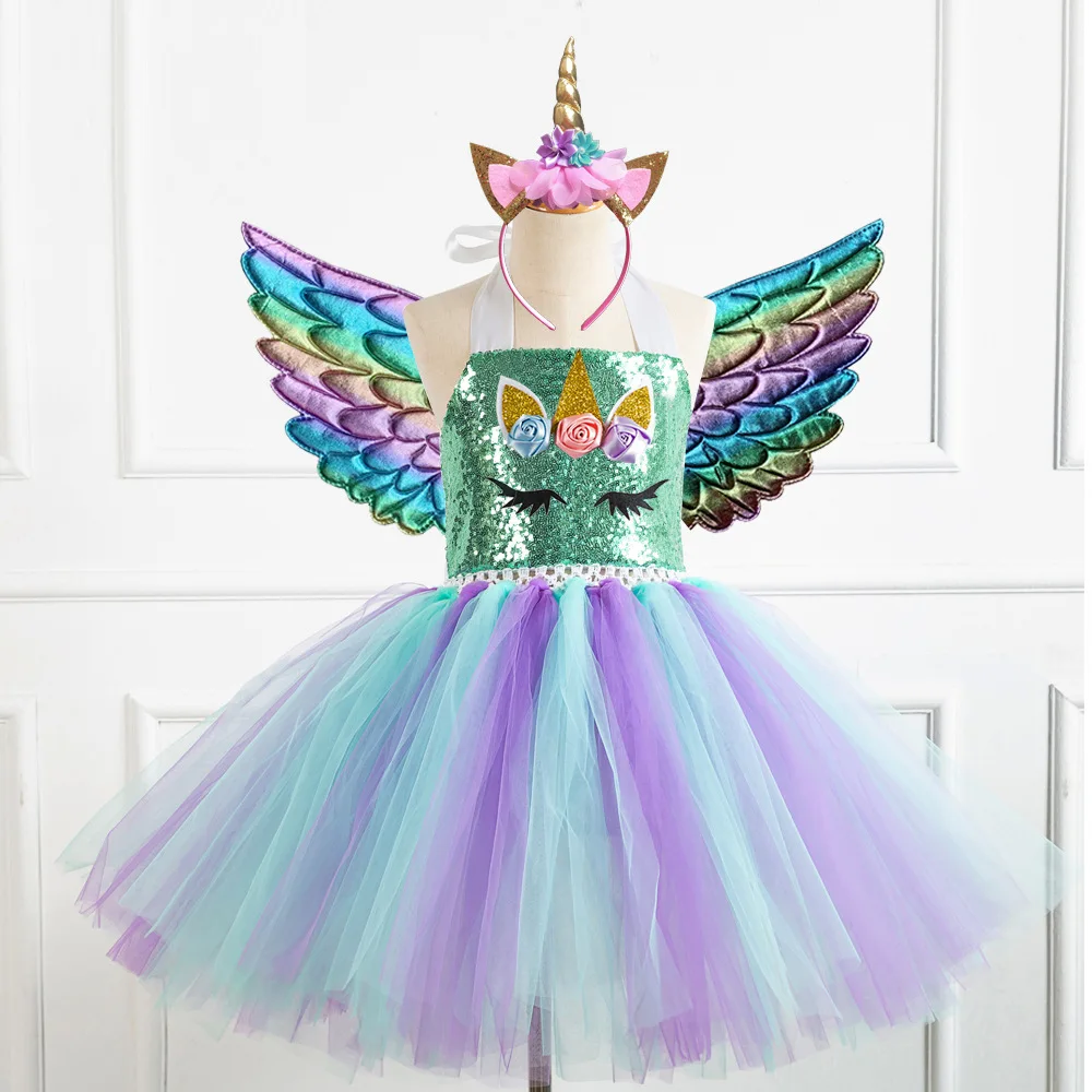 Vestido de unicórnio de lantejoulas para meninas de 2 a 12 anos, roupas de festa de aniversário, arco-íris, princesa, tutu, vestido para halloween, natal