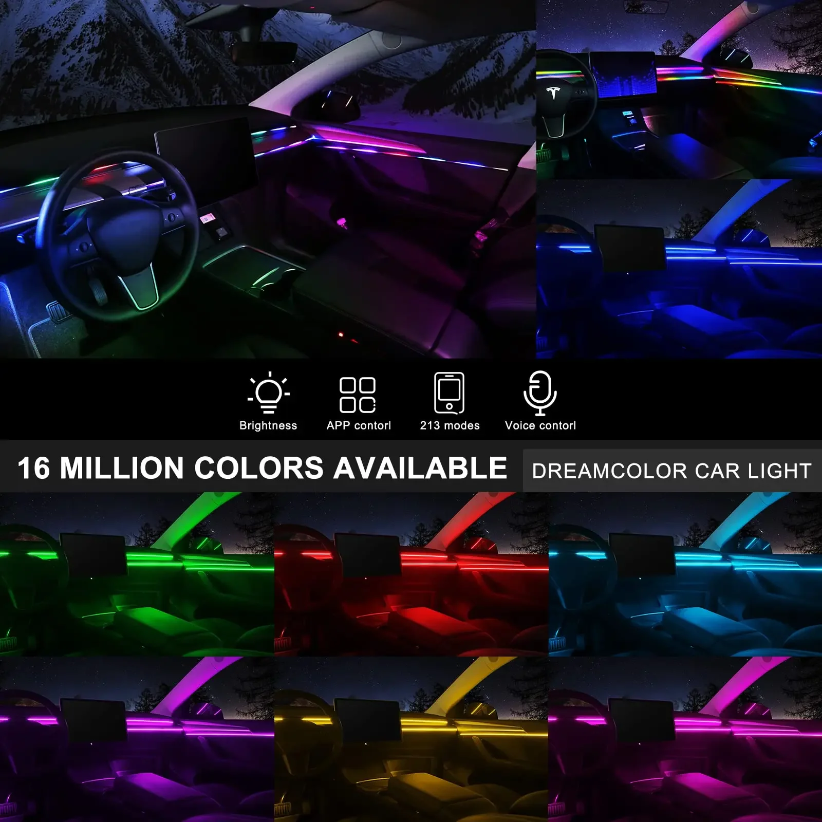 10 in 1 64 Color RGB Symphony Car Ambient Light Interior Acrylic Guide LED Strip Light Decoration Atmosphere Lamp by APP Control