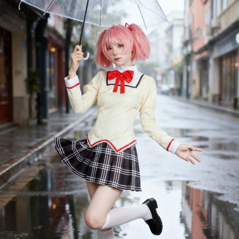 

Anime Puella Magi Madoka Magica Cosplay Costume Madoka Full Outfits Shirt Skirt Bow Tie Sock School Uniform Role Play Set