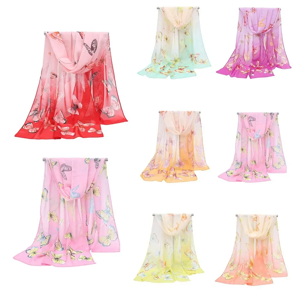 

Elegant 160*50cm Chiffon Scarf Sunscreen Butterfly Print Long Wrap Shawl Gradient Washable Shawl Silk for Women