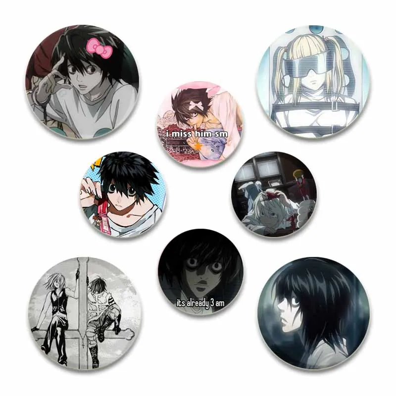 

Anime Character L Lawliet Light Yagami Misa Amane Nate River Round Pins Cartoon Badge Snap-in Brooches for Clothes Decoration