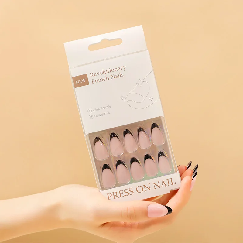 30Pcs Black White French Almond Shape Fake Nails Fashion Simple Nude Detachable Finished False Nails Press on Nails with Glue