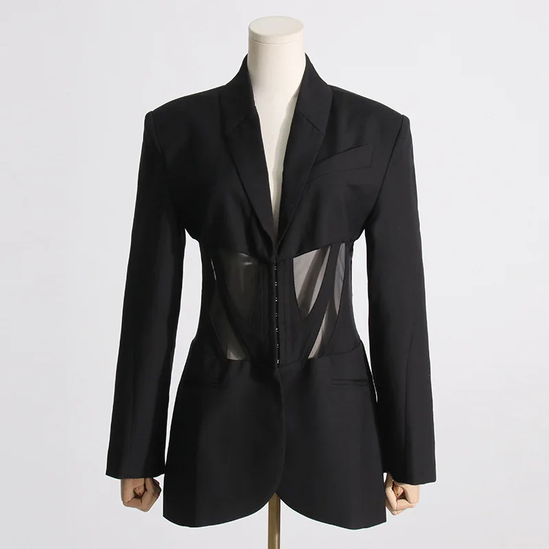 2024 New Fashion Spring Autumn Women Blazer Slim Hollow Suit Collar  Lace Jacket Single Breasted Mid Long  Jackets Long Sleeved