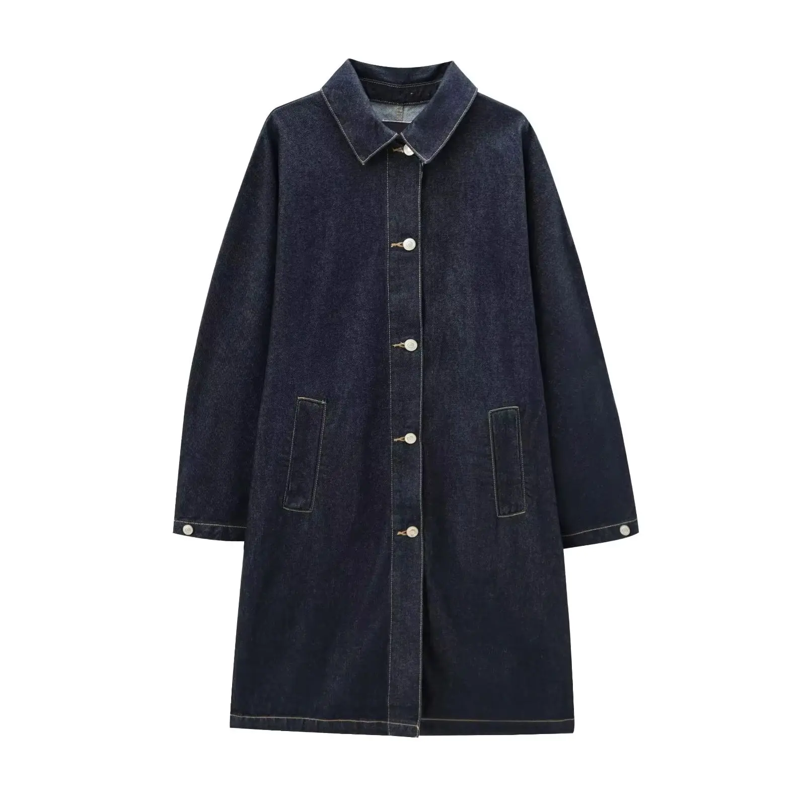 

KONDALA 2024, осенний повседневный джинсовый однотонный плащ, длинные однобортные куртки, пальто с прямыми карманами, модное женское элегантное пальто