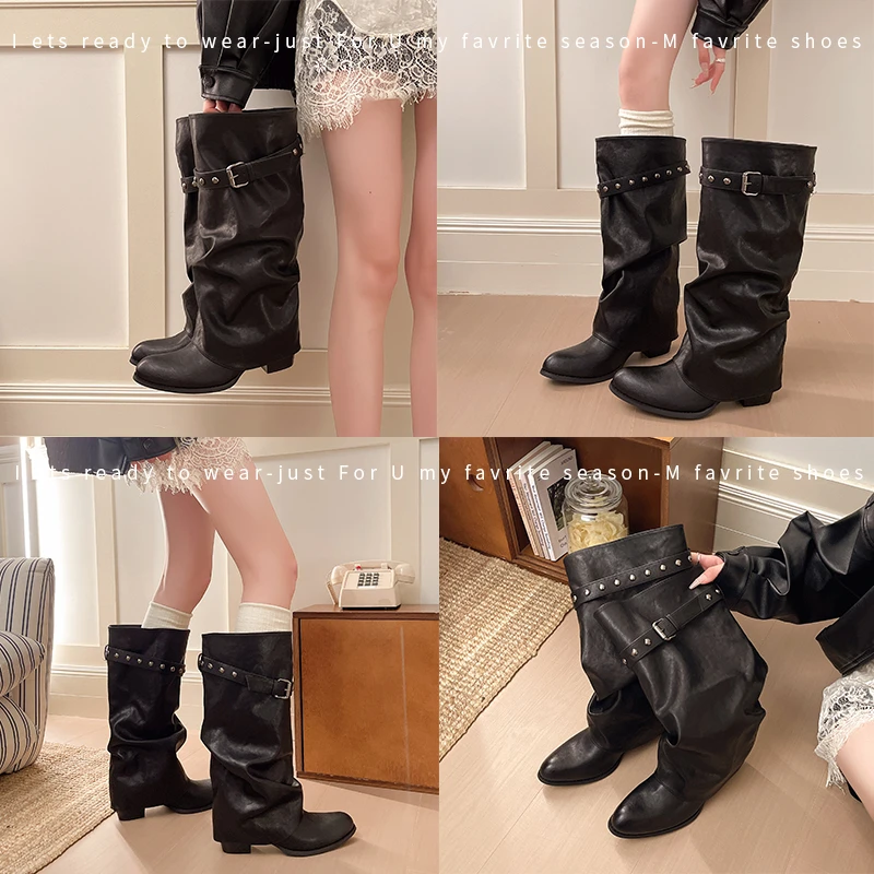 Over-the-knee Boots, Knight-style Pleated Layered Boots with Belts, Wide-leg Culotte Boots 2026 New Style image 3