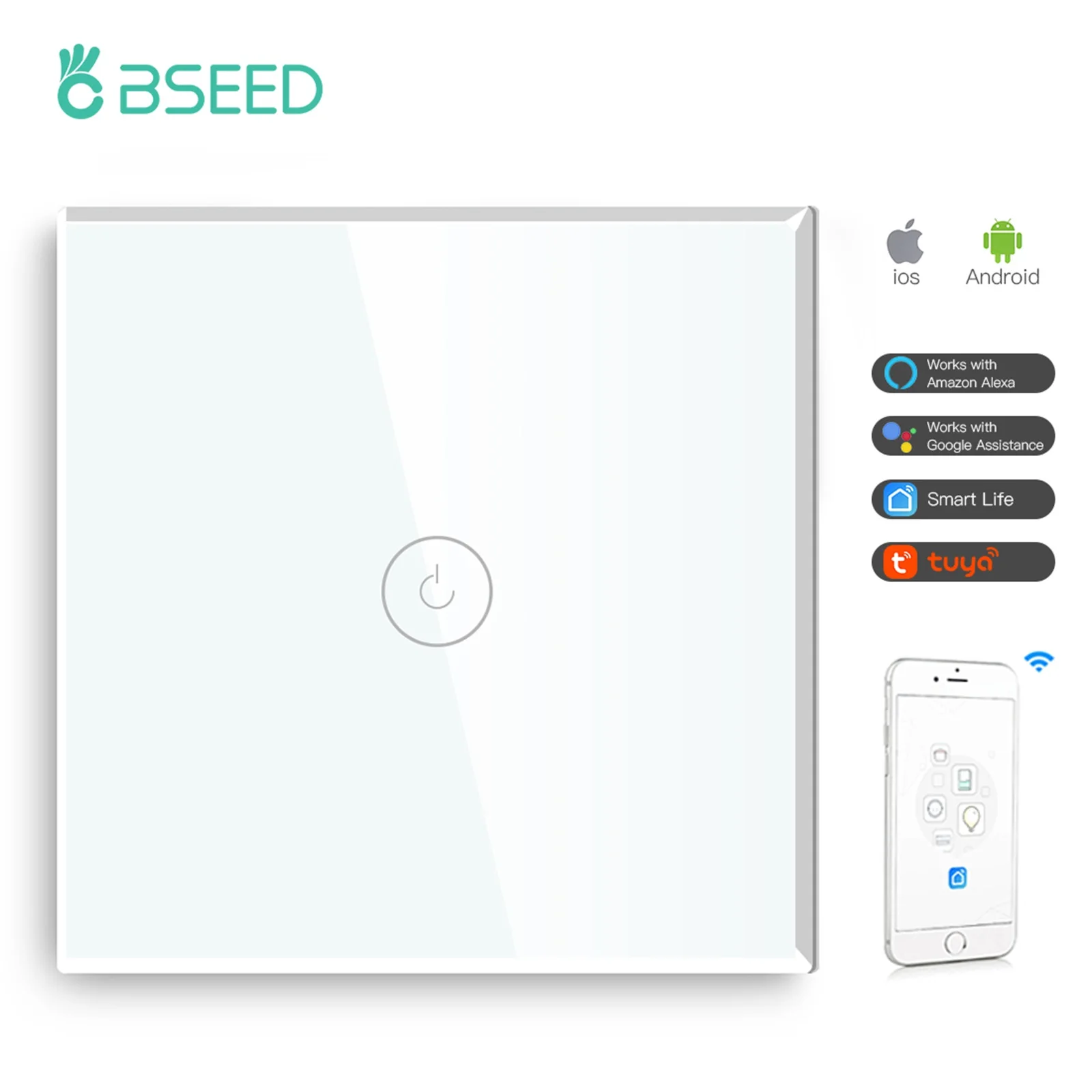 BSEED Wifi 1/2/3 Gang 1 Way Smart Switch LED Buttons Glass Panel Smart Switch Work With Tuya Google Home EU Touch Switch 600W