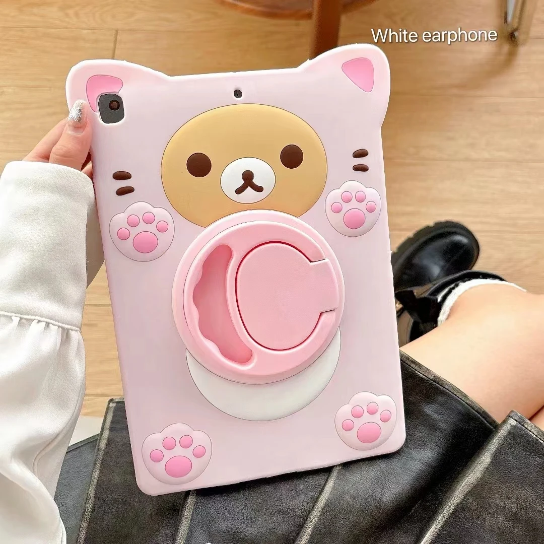 3D Cute Cartoon Pink Bear Kawaii Soft Silicone Ipad pro 9.7 10.5 air 5 4 3 2 10.9 2022 2020 2021 11 10. 2 with Stand Tablet Case