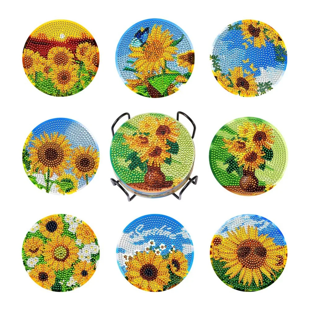 8Pcs 5D Sunflower Butterfly Diamond Painting Coasters Round Cup Mat Art Coasters Coaster for Thanksgiving Party Home Decor