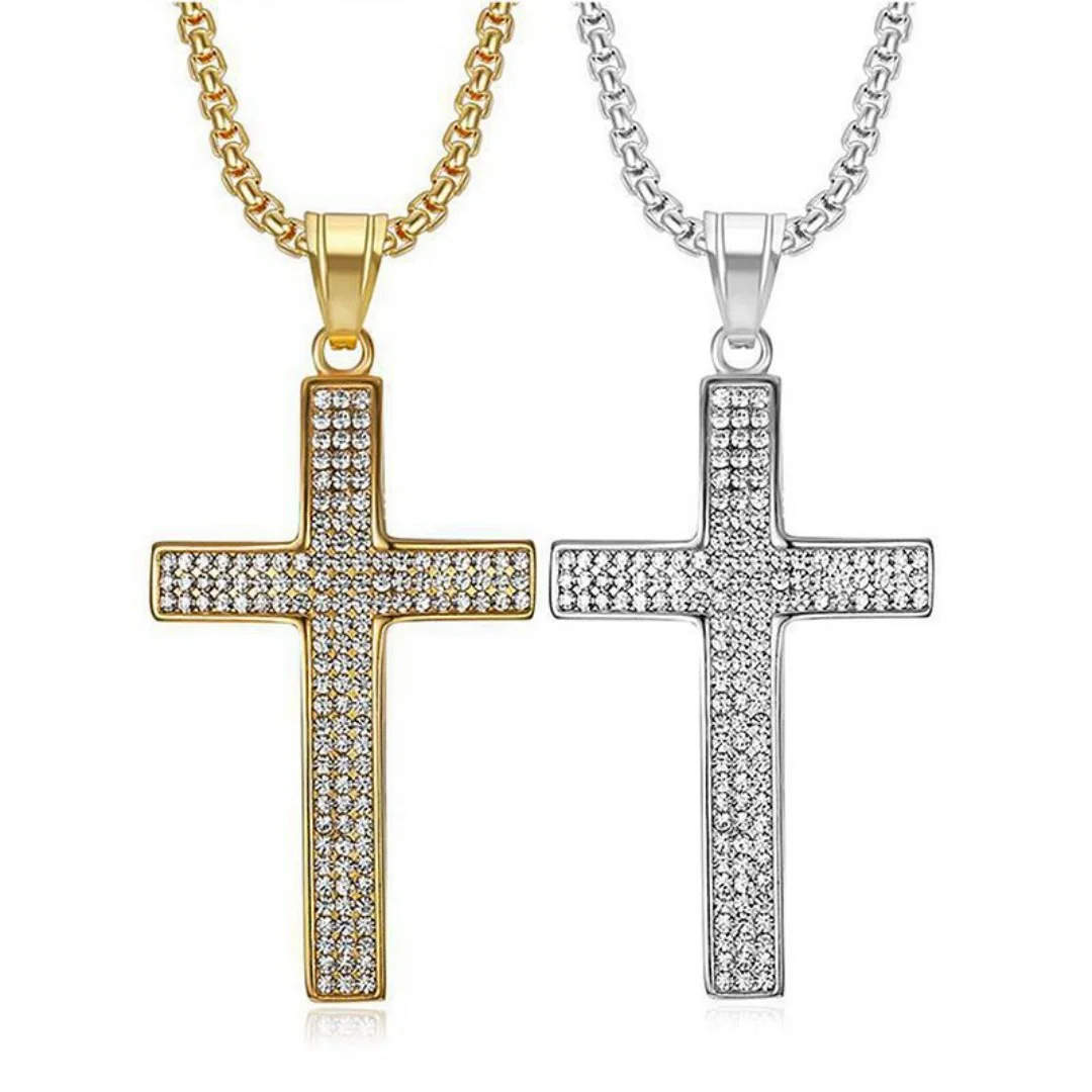 Religious Big Cross Iced Out Zirconia Bling Pendant Male Gold Silver Color Stainless Steel Christian Necklace for Men Jewelry