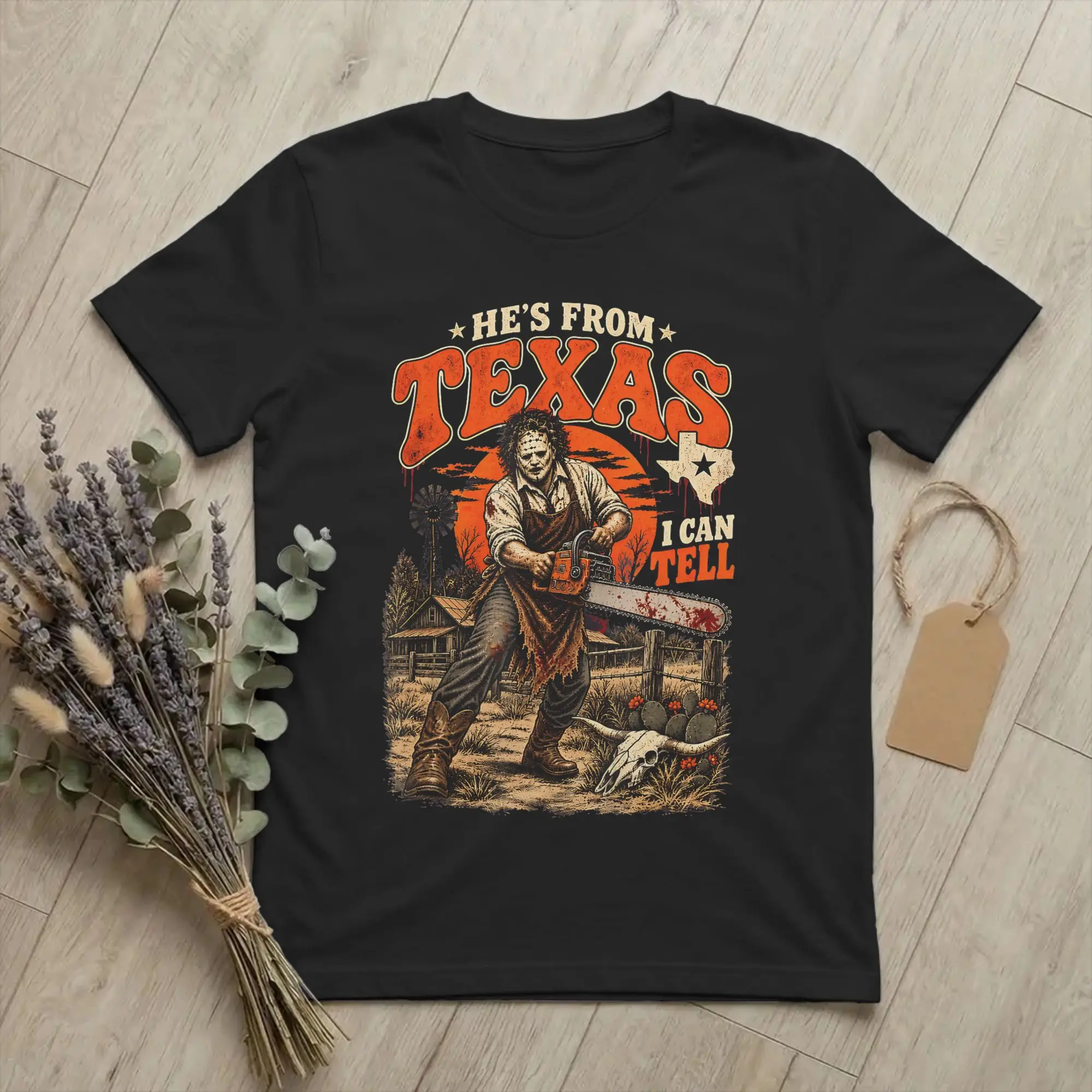 Hes from Texas I Can Tell Chainsaw T-Shirt for Men Horror Halloween Amazing Pure Cotton Tees Round Collar Short Sleeve T Shirts