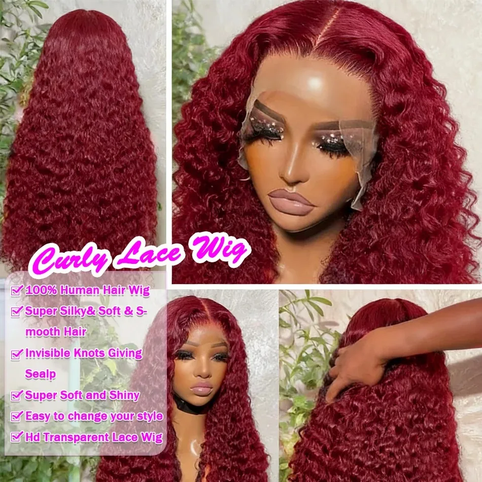 36 24Inch Burgundy 13x6 hd Lace Frontal Wig Deep Wave Curly 13x4 Red Remy Human Hair Brazilian 99J Colored Hair Wigs for Women image 6