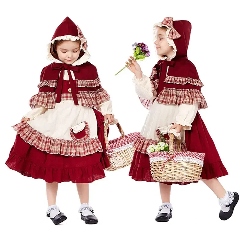 

Children's Little Red Riding Hood Costume Girls Lolita Style Dress Halloween Show Costume Little Red Riding Hood Cosplay Dress