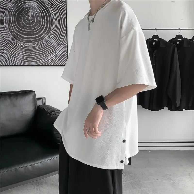 

Summer New 3/4 Sleeve T Shirts Men's Thin Slit Hem Button Patchwork Solid Color Loose Trend Tops Tees Casual Fashion Men Clothes