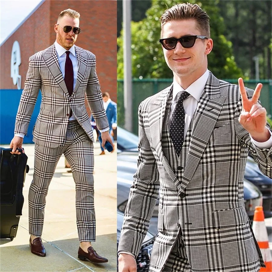 

Grey Plaid Men Suits Casual Office Wear Tuxedo Slim Fit 2 Pcs (Blazer+Pants) Single Breasted Formal Prom Evening Custom Made