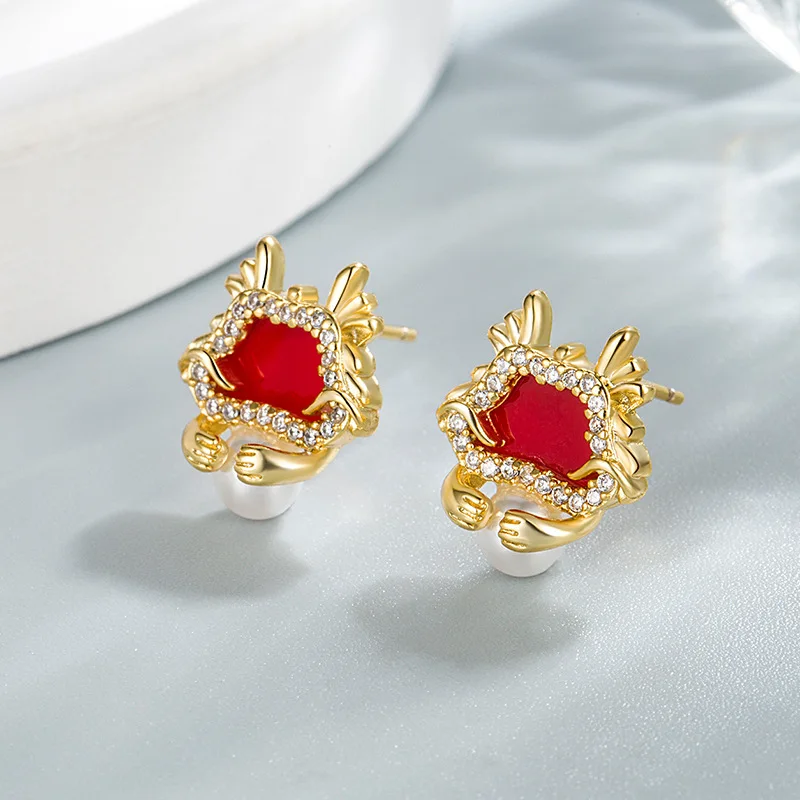 Gold Color Dragon Soaring Earrings for Girls Shiny Luxury Ear Stud 2024 Popular Zircon Pearl Jewelry Exquisite Retro Earring