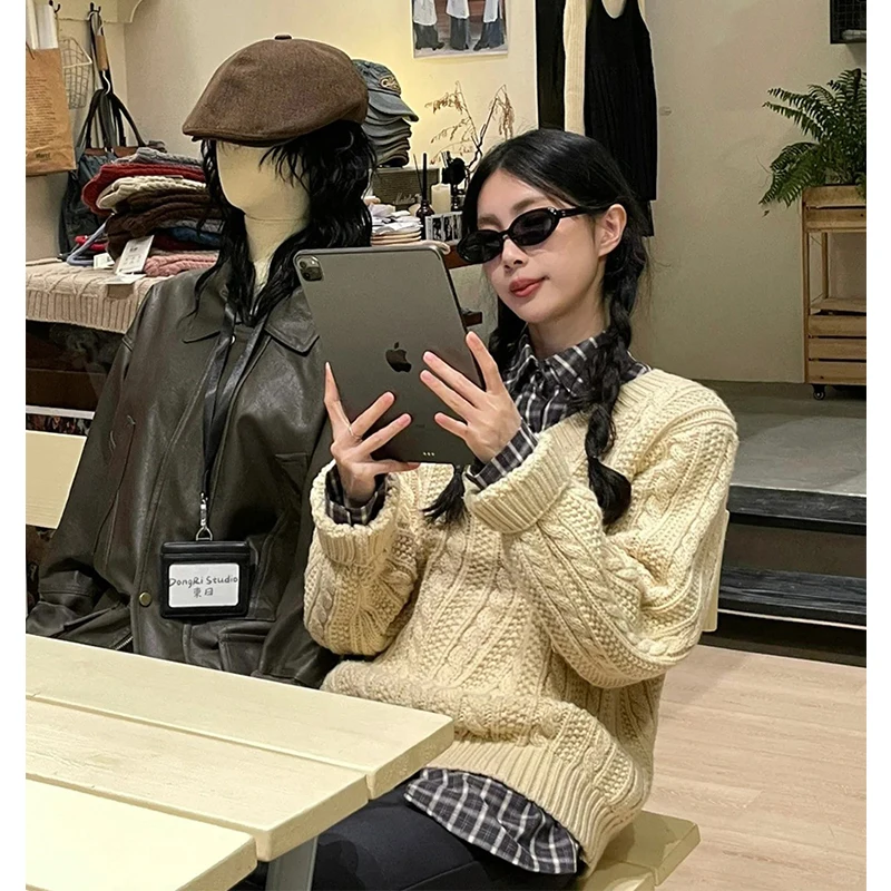 

MEXZT винтажный свитер женский Harajuku с v-образным вырезом вязаные пуловеры зимний корейский трикотаж с длинными рукавами уличная одежда повседневные джемперы новый