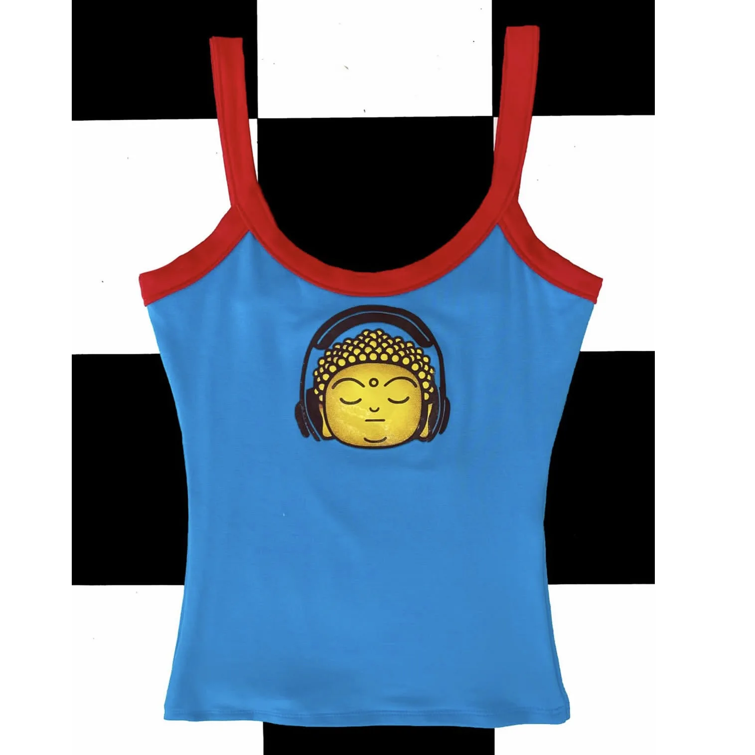 Y2K Slim Fit Tank Top European American Headphones Buddha Print Retro Red Blue Contrasting
