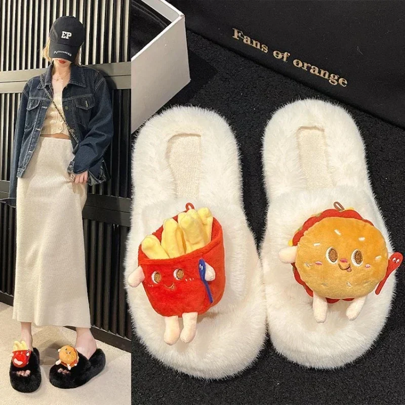 Burger French Fries Slippers Women 2024 Winter Indoor Home Warm Comfortable Cotton Shoes Outdoor Fashion Casual Shoes