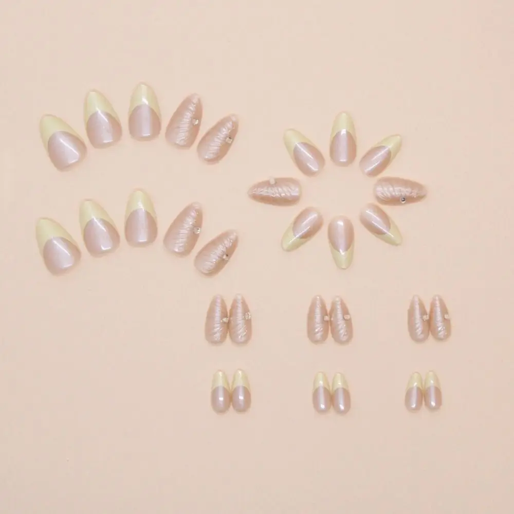 New Long Almond False Nails 3D Shell Lines with Light Yellow Edge Press on Nails French Detachable Fake Nails DIY