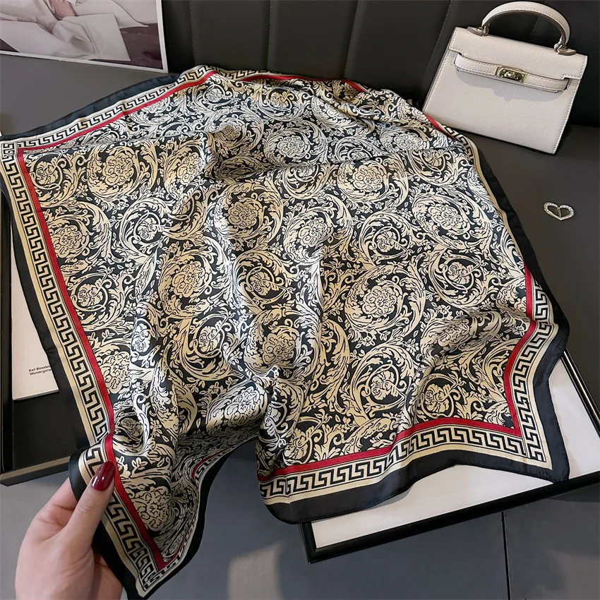 럭셔리 패션 인쇄 70*70cm 스퀘어 스카프 여성 소프트 새틴 헤어 밴드 Neckerchief 넥타이 여성 머리띠 Foulard 가방 리본