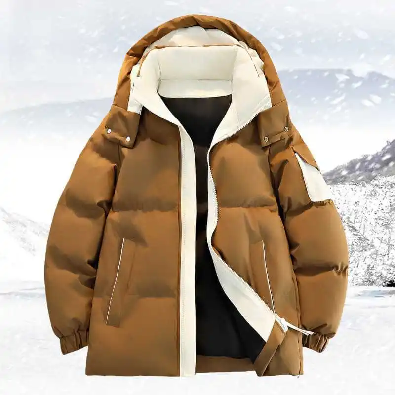 Męska kurtka zimowa, ocieplana, odporna na zimno, kontrastowe kolory, modna odzież wierzchnia, długi rękaw, zapinana na zamek, luźna, codzienna kurtka męska z kapturem.